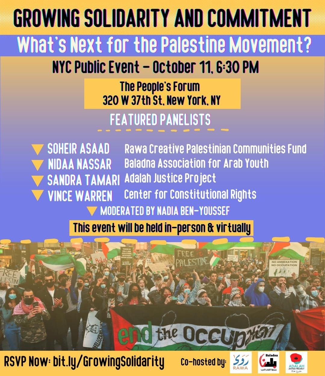 Flyer for the public event "Growing Solidarity and Commitment: What’s Next for the Palestine Movement?" happening in-person and virtually on Tuesday, October 11th at 6:30 pm ET.