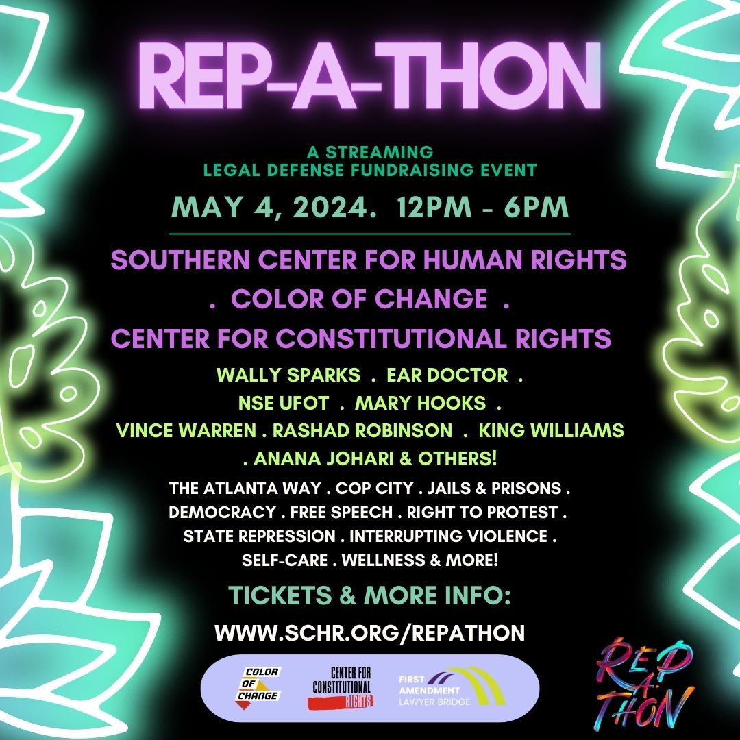 A black graphic with purple and green text listing the name of the event, co-sponsors, speakers, and a registration link