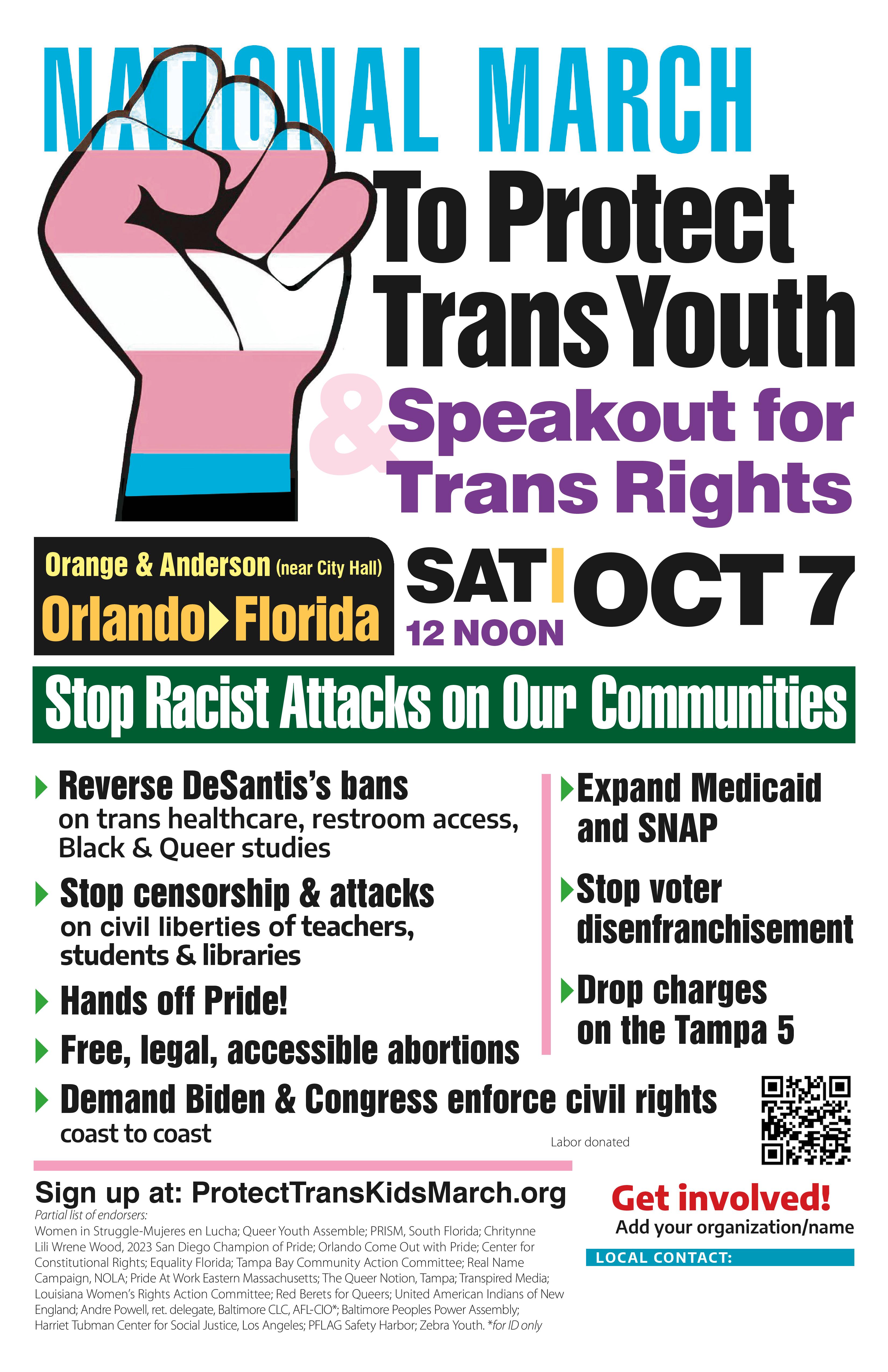 Informational Flyer for the National March to Protect Trans Youth (raised fist in the colors of the trans flag;white background with blue, pink, white, purple, black, yellow, and green text colors).