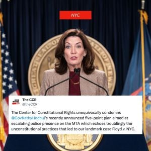 Image of NY Governor Kathy Hochul with an overlay of a tweet that says, We unequivocally condemn Governor Kathy Hochul's recently announced five-point plan aimed at escalating police presence on the MTA, which echoes troublingly the unconstitutional practices that led to our landmark case Floyd v. City of New York.