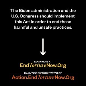 Image with text that states, The Biden administration and the U.S. Congress should implement this Act in order to end these harmful and unsafe practices. An arrow then points to the words Learn more at End Torture Now dot org. At the bottom it says, email your representatives at action dot end torture now dot org.