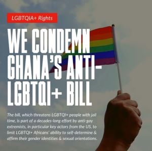 Image says LBTQIA+ Rights. We condemn Ghana's anti-LGBTQI+ Bill. The bill, which threatens LGBTQI+ people with jail time, is part of a decades-long effort by anti-gay extremists, in particular key actors from the U.S. to limit LGBTQI+ Africans' ability to self-determine and affirm their gender identities and sexual orientations. The image next to the words is a Black hand holding up a pride flag. Behind the person's hand are clouds.
