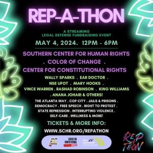 Flyer for the Rep A Thon event, it is a flyer with neon text an images. Names listed on the webinar include Wally Sparks, Ear Doctor, NSE UFOT, Mary Hooks, Vince Warren, Rashad Robinson, King Williams, Anna Johari, and others.