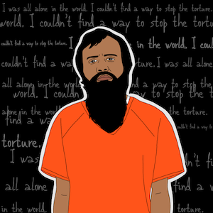 illustration of our client mohammed al-qahtani in an orange jumpsuit he has a long beard and carries a strained expression