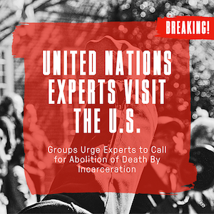text reads united nations experts visit the u.s. Groups urge U.N. to call for abolition of Death by Incarceration
