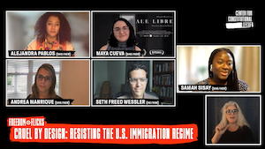 screenshot of our freedom flicks event cruel by design with five windows including the four speakers and our moderator