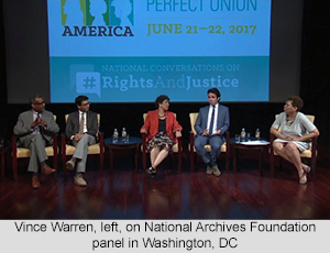 Vince Warren, left, on National Archives Foundation panel in Washington, DC