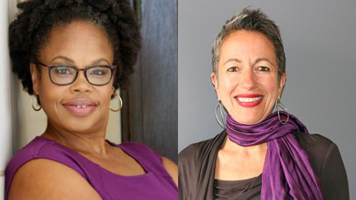 image of Lisa Crooms-Robinson and Leila Hissini. Crooms-Robinson is on the left. she is a Black woman wearing black rimmed glasses with her hair in a natural afro and gold hoop earrings. on the right is Leila Hessini she has short gray hair large silver hoop earrings, and is wearing red lipstick. around her neck is a plum-colored scarf