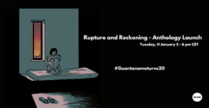 image of a person in a prison cell on a cot in a seated fetal position. the text reads rupture and reckoning anthology launch