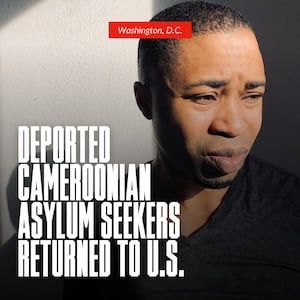 image of an African man looking toward the right of the frame while the text overlayed reads deported cameroonian asylum seekers returned to the u.s.