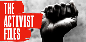 image of a fist raised with text reading the activist files