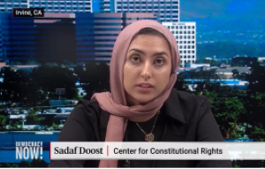 A scree grab from the Democracy Now interview shows Sadaf Doost facing the camera, speaking. Below her is her name and Center for Constitutional Rights. In the bottom left corner is the Democracy Now logo. In the top left it says Irvine, CA. Behind her is an image of a city.