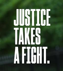 Text: Justice Takes a Fight in white block letters on mottled green background
