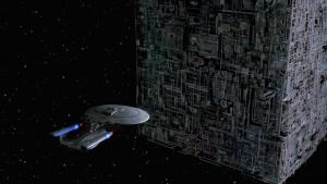 Starship Enterprise faces the Borg Cube