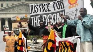 Nigerian Ogoni people protest Shell outside the U.S. Supreme Court