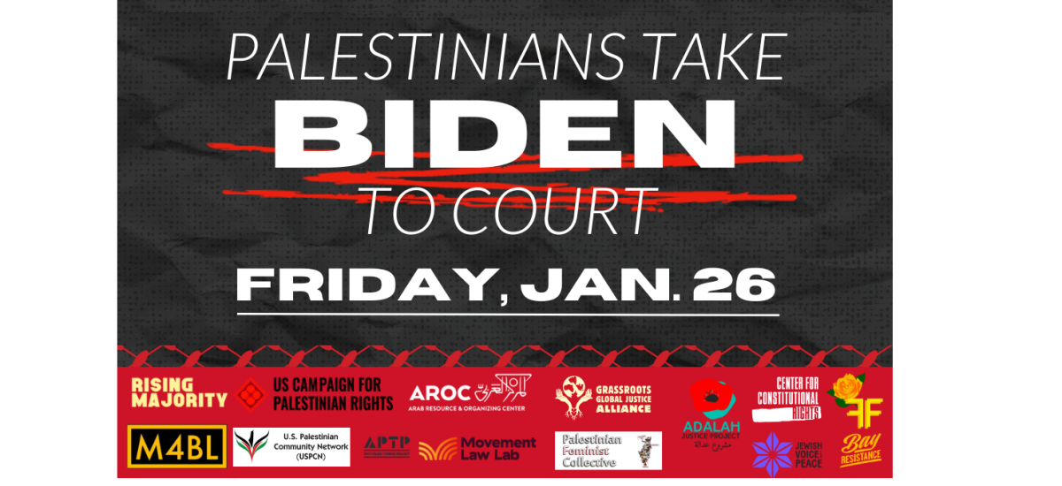 Social media thumbnail flier promoting the series of livestreams the Center for Constitutional Rights and our allies arranged alongside the January 26 2024, hearing in federal district court, where Palestinian witnesses gave evidence of the U.S. government aiding and abetting Israel’s genocide of Palestinians in Gaza. 