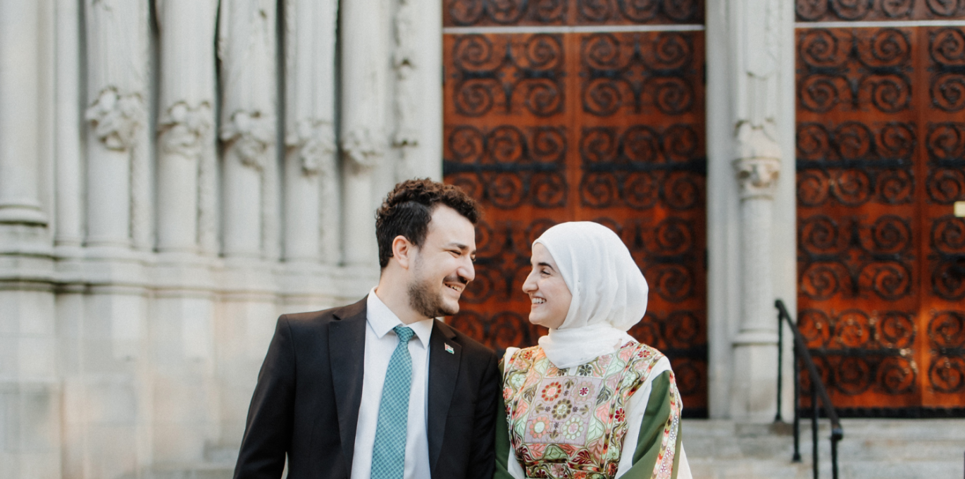 Mahmoud Khalil and wife Noor Abdalla in front of a courthouse