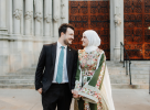 Mahmoud Khalil and wife Noor Abdalla in front of a courthouse