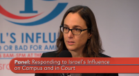 Maria Lahood at Washington Report panel on silencing criticism of Israel in the U.S. on-screen text reads panel responding to Israel's influence on campus and in court