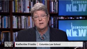 A photo of Katherine Franke, a client, on Democracy Now! 